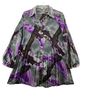 Signature by Larry Levine Woman Pleated Abstract Print Button Down Shirt 1X